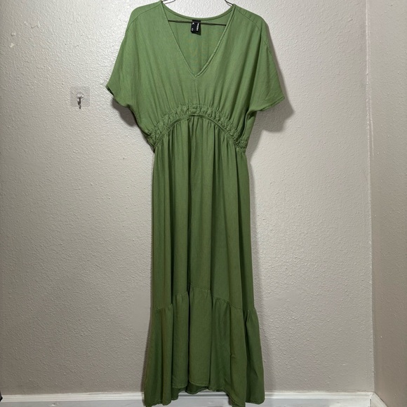 Hering Green Smocked V Neck Maxi Dress Size Medium Short Sleeve Prairie Cottage - Picture 6 of 11